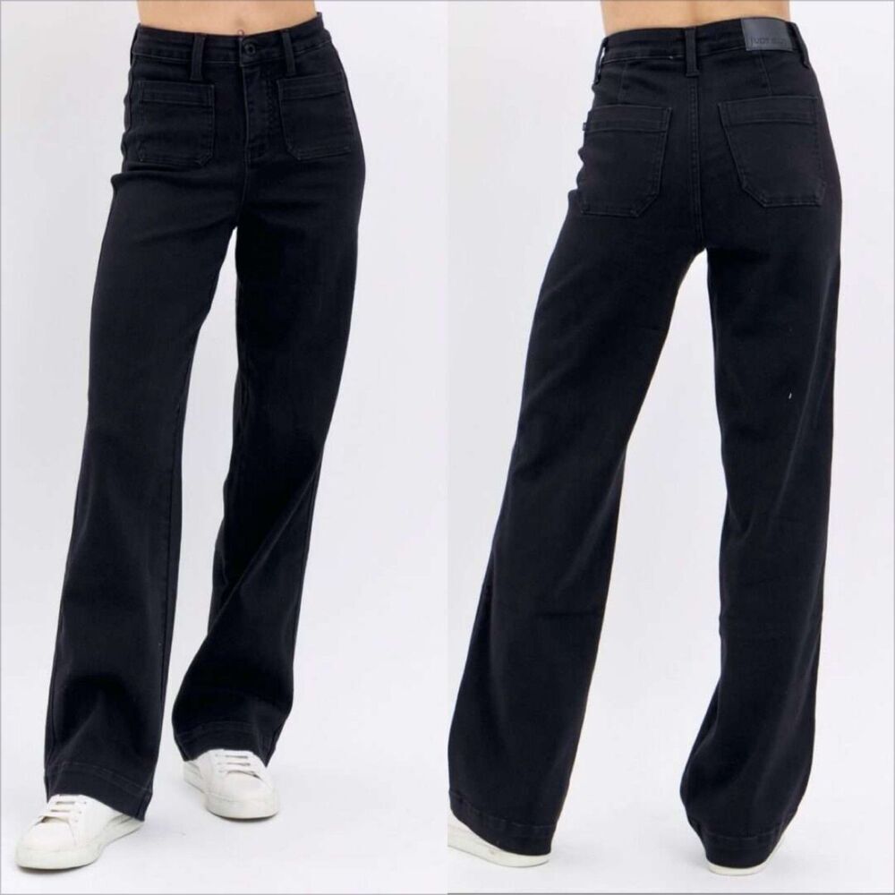 Judy Blue High Waist Patch Pocket Straight Leg Jeans Size 7/28 Black EUC Stretch